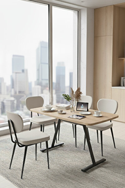 VİLİNZE Deniz Sandalye Tatvan MDF Sabit Metal Ayak Mutfak Masası Takımı - 70x120 cm