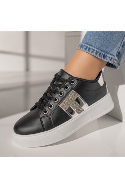 BMoD Teniși negri de damă cu talpă groasă albă MOD11873