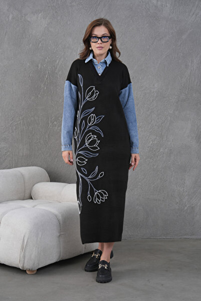 Miss Allos Kadın Kolları Kot Önü Boncuk İşlemeli Geniş Kalıp Uzun Triko Elbise