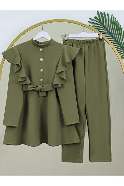 MACMODA Button Detailed Stand Collar Ruffled Shoulder Scuba Suit