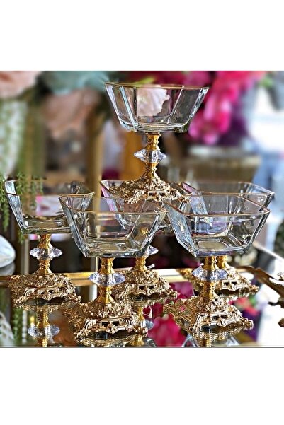 Elta Collection Metal Ayaklı Cam Tatlı Dondurma Çerezlik Kase Altın 6lı