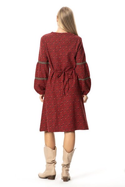 Eliş Şile Bezi Long Sleeve Nurperi Flannel V-Neck Patterned Winter Midi Dress Burgundy Brd