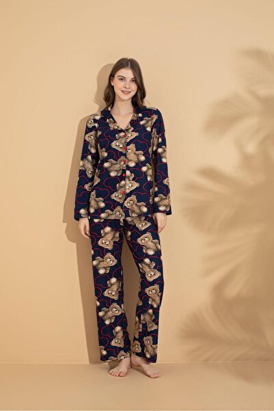 lamelif Teddy Bear Heart Patterned Shirt Collar Pajama Set Black