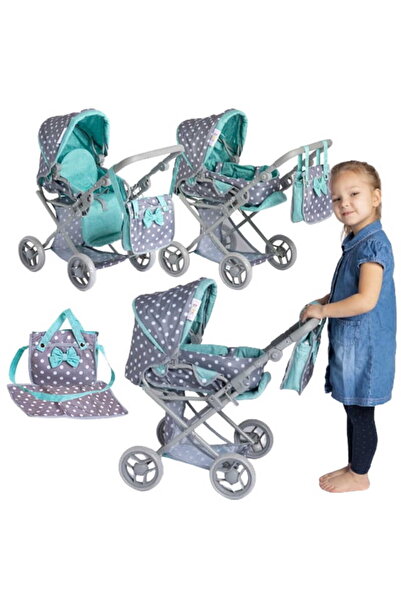 Doris Carucior pliabil pentru papusi Gri/Turcoaz 2in1 cu maner si copertina reglabile,saltea de infa