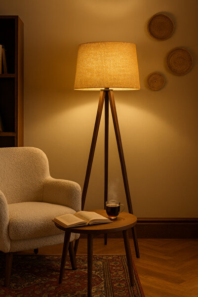 Vivido Home Ceviz Rattan Hasır Ahşap Lambader