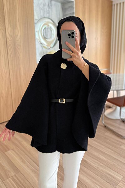 Ka Hijab Kemerli Sakallı Panço - Siyah