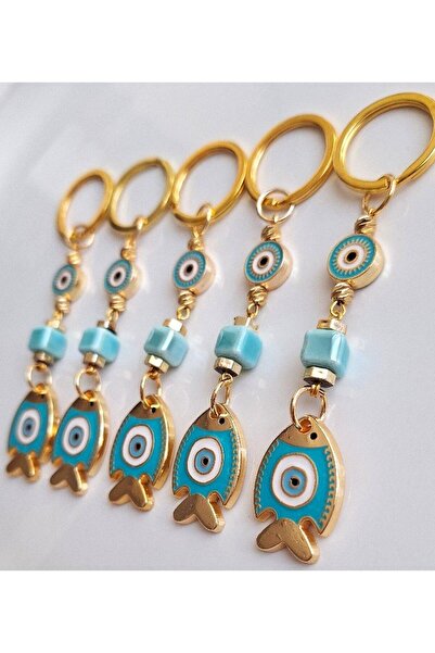 Svc Aksesuar Gift 5 pcs Turquoise Lucky Fish Keychain with Evil Eye Beads 10 cm