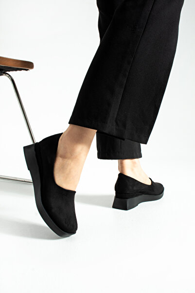 SHOW LİFE Black Suede Wedge Heel Ballerinas / Daily Comfortable and Stylish Platform Sole Women's Shoes