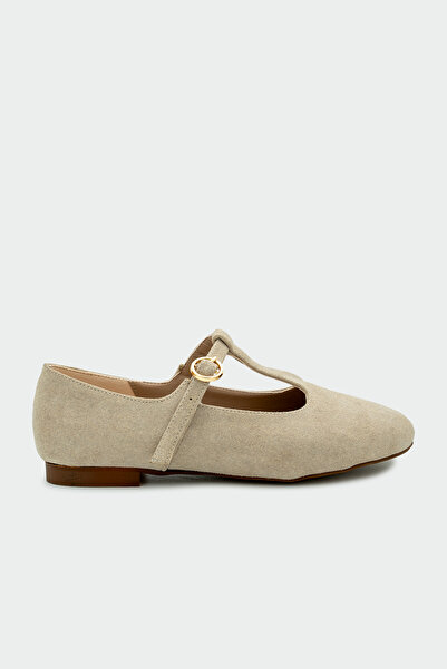 LAMİNTA Judi Beige Suede Stripe Detailed Women's Ballerinas