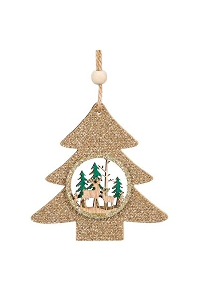 ANTBRO Ornament de Crăciun - brad din lemn cu sclipici auriu, 9 cm