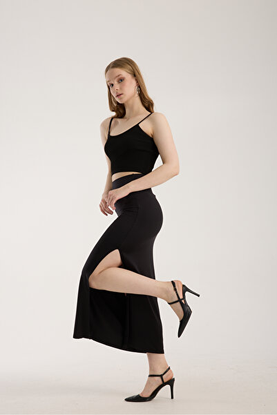 Kallisto Fusta lungă neagră cu talie elastică și fante laterale