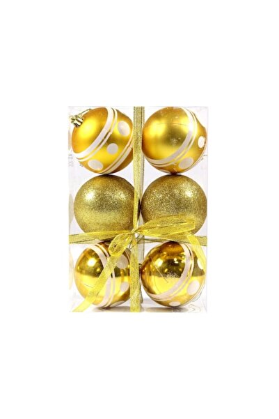 OEM Set globuri de Crăciun, 6 bucăți, aurii cu model alb, diametru 8 cm