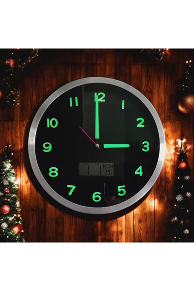 Bahat Thermometer with Phosphorescent Heat Meter, Digital Embossed Number, Black Wall Clock, Metal Diameter 30 cm