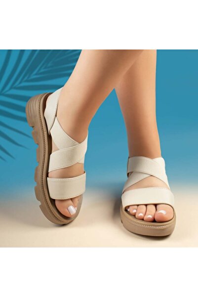 BMoD Women's beige sandals with a chunky sole and elastic straps MOD11371