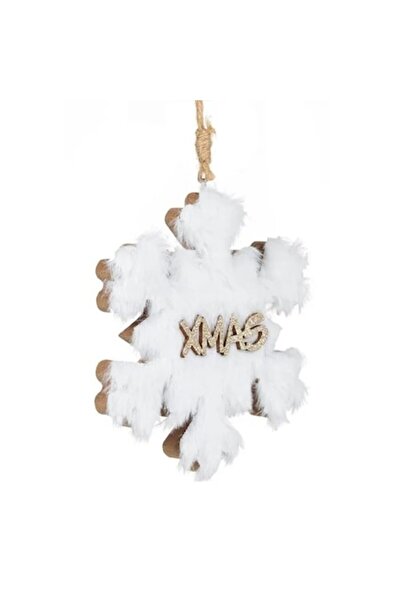 ANTBRO Christmas tree ornament - wooden snowflake with white fur and 'XMAS' letters with beige champ
