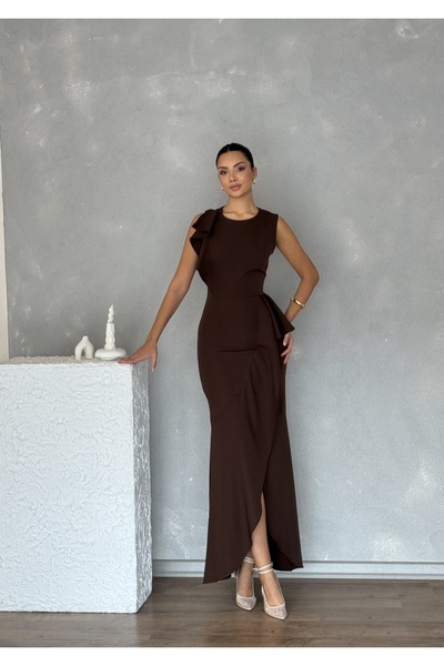 Nesil Asimetrik Kesim Eteği Ve Tek Kolu Volanlı Şık Özel Gün Kadın Davet Elbisesi