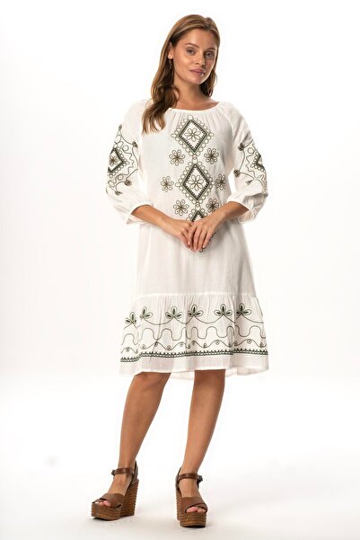 Eliş Şile Bezi Half Sleeve Voile Jade Belt Detailed Embroidered Short Summer Dress White Byz