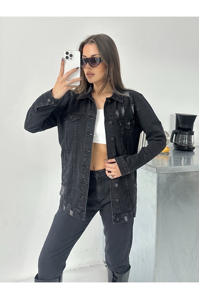 blue marlın Jachetă de blugi boyfriend neagră pentru femei, cu detaliu cu tăieturi laser