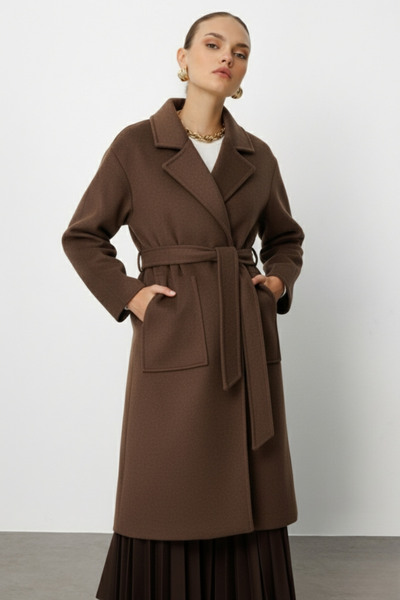 Mizalle Yünlü Kaşe Doku Torba Cepli Basic Kahverengi Kaban