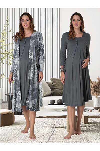 Lohusa Homewear طقم ملابس نوم للحوامل من القطن بأكمام طويلة ونقشة مدخنة للنسا...