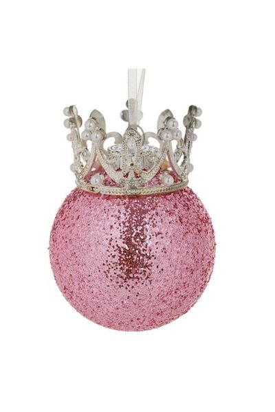 ANTBRO Ornament de Crăciun - glob roz cu sclipici și coroană argintie și perl...