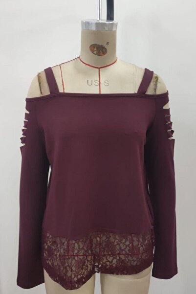 Mossta Viscose Two Thread Blouse with Strap and Laser Cut Detail - Burgundy