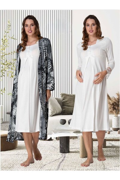 Generic Brand Women's Ecru Patterned Long Sleeve Cotton Maternity Nightgown N...