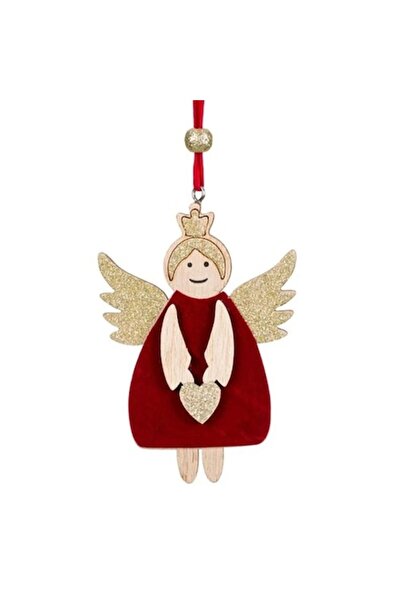 ANTBRO Ornament de Crăciun din lemn, îngeraș din catifea roșie cu sclipici be...