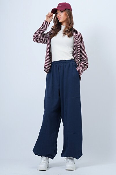 VAGGON Women's Navy Blue Double Pocket Stitching Detailed Jogger Pants Prmx14655