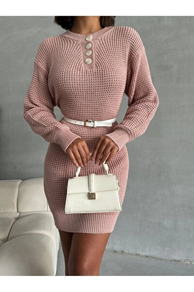 AQE FASHION Women's Knitwear Dress Powder Button Detail Round Neck Mini Long Sleeve Soft Textured Without Belt