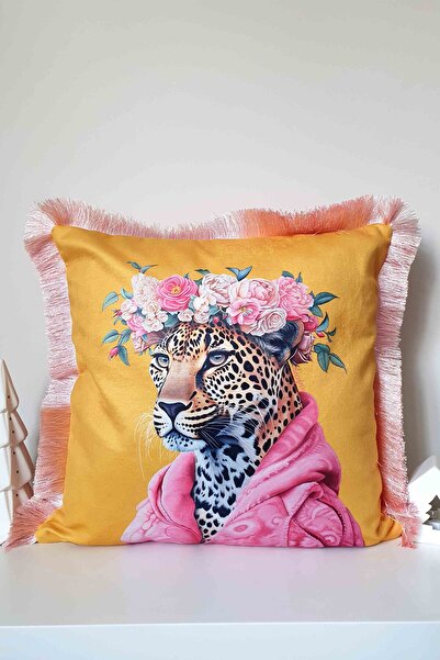decofav Jungle Royalty – Husă de pernă din catifea cu franjuri leopard cu cor...
