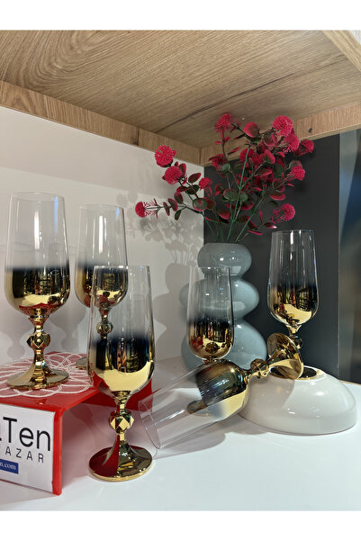 zaTen Pazar Kristal Titanyum Gold Kaplama 180cc Kahve Yanı Su Bardağı 6 Adet