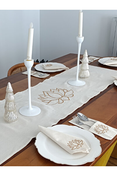 Menar Tasarım Dining Presentation Set 6-Person Tablecloth Set Runner Napkin Spoon Holder Lotus Flower Tableware