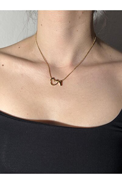 Sirena Accessories Kalp Detaylı Gold Kaplama Paslanmaz Çelik Harfli Kolye