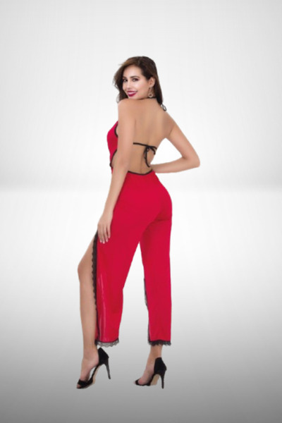 TUĞ HAN SİLVER Red S/M - L/Xl Size Black Neck and Waist Tie Deep Leg Slit Nightgown Jumpsuit