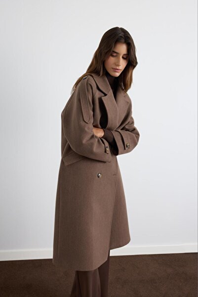 KADRİYE BAŞTÜRK Double-Breasted Collar Epaulet Detailed Cashmere Coat Dusty Brown