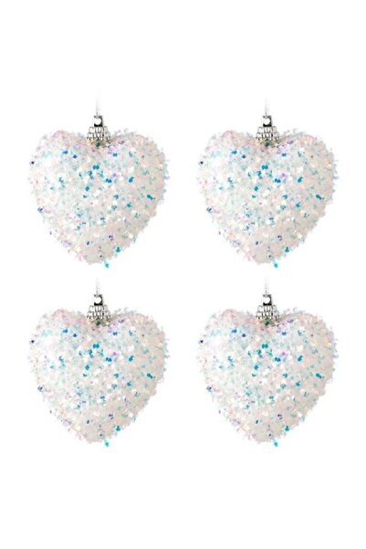 ANTBRO Set of 4 Antbro® foam Christmas tree baubles - white heart shapes with holographic tinsel, 6 cm