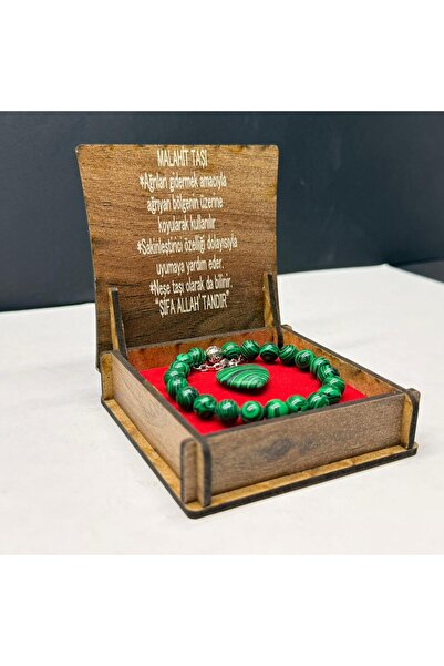 VURAL BİJUTERİ Özel Ahşap Kutulu Malahit Taşı Bileklik Kolye Seti