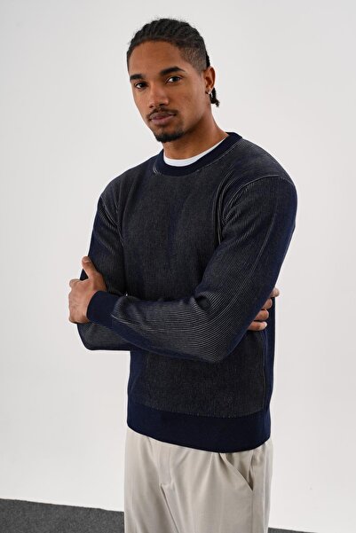 odelon Men's Regular Fit Vanize Knitted Cotton Crew Neck Navy Blue Knitwear Sweater