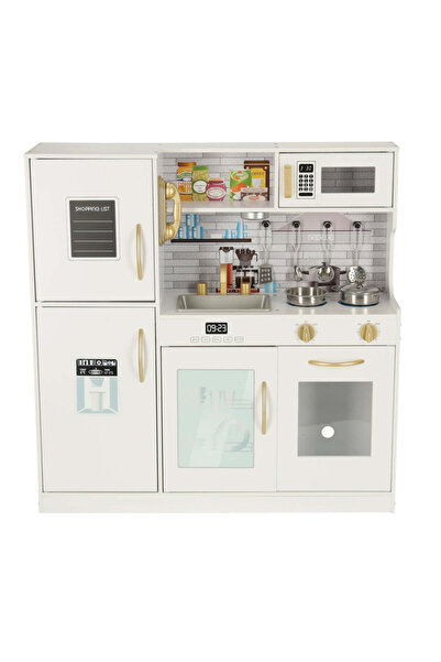 SOLLUXE Bucatarie din lemn pentru copii cu frigider si accesorii – alb cu detalii aurii