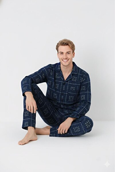 Free Beka Синій картатий довгий рукав сорочка комір на ґудзиках чоловічий піжамний комплект