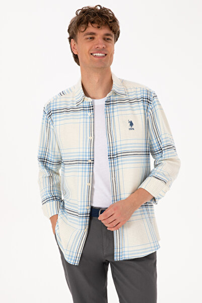U.S. Polo Assn. Men's Light Blue Plaid Long Sleeve Cream Shirt 50316632-Vr256