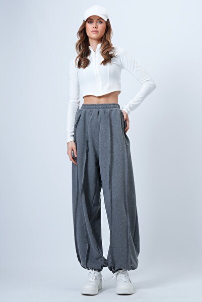 VAGGON Women's Anthracite Stitching Detailed Jogger Pants with Elasticated Legs Prmx14664