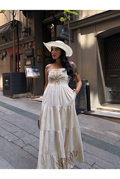 CARLA MARA Süzene Detailed Linen Dress Beige