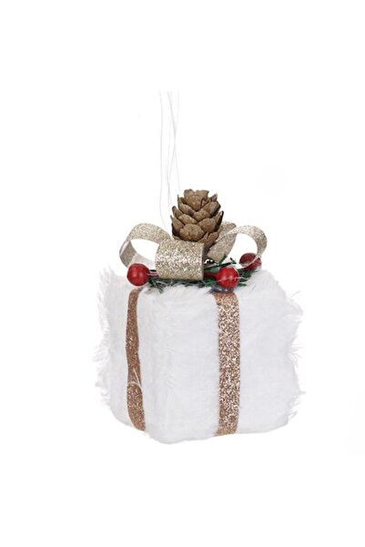 ANTBRO Christmas tree ornament gift with white fur, beige-gold ribbon, glitter and berries with cone