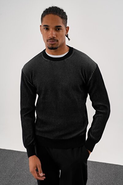 odelon Men's Regular Fit Vanize Knitted Cotton Crew Neck Black Knitwear Sweater