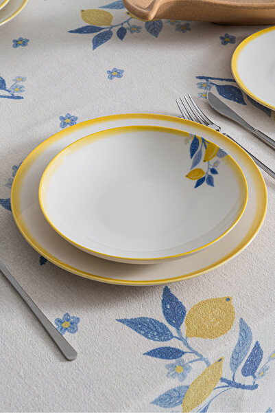 RUBİ PORSELEN Limon Desenli 20 cm Premium Porselen Yemek Tabağı - 6 Adet