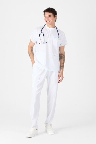 Owlet Medikal ελαστικό ύφασμα Λευκά Scrubs με γιακά δικαστή