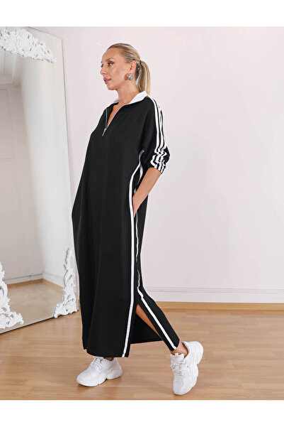 QİMYA BUTİK Γυναικείο φόρεμα με φερμουάρ, γιακά με 3 ρίγες, OVERSIZED, μακρυμάνικο, μακρύ φόρεμα με μπουκέτο