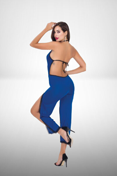 TUĞ HAN SİLVER Saks Mavi S/M - L/XL Beden Siyah Boyun ve Belden Bağlamalı Derin Bacak Yırtmaçlı Gecelik Tulum